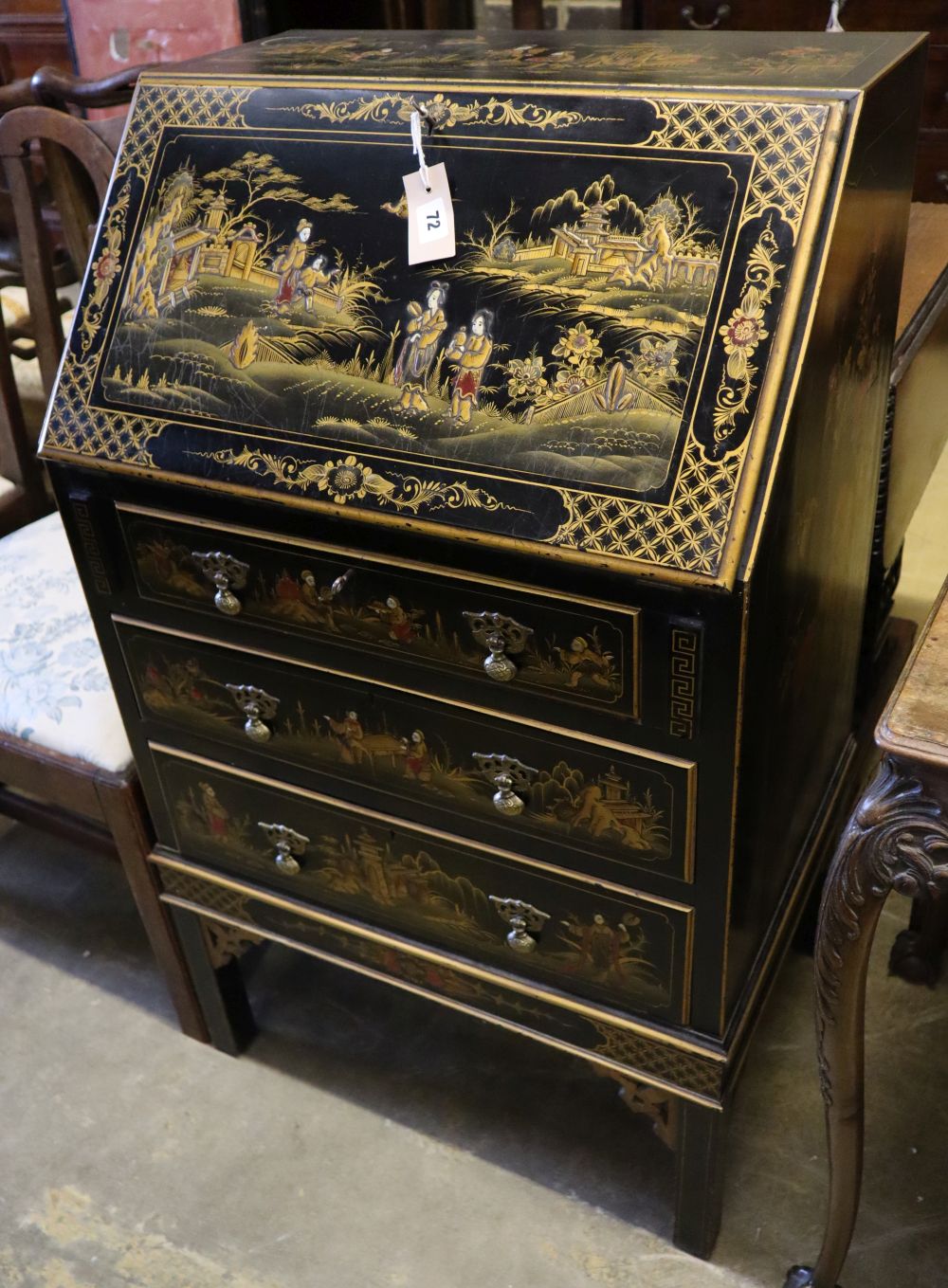 An early 20th century chinoiserie lacquer bureau, width 62cm depth 46cm height 104cm